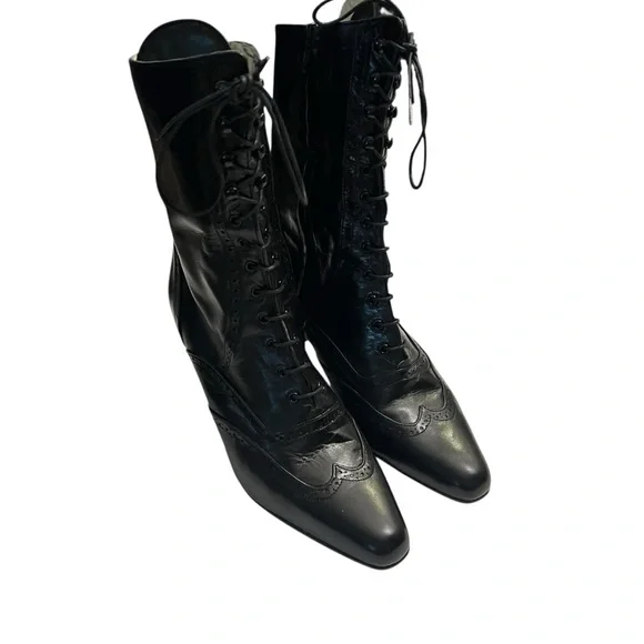 Kenneth Cole Black Leather Lace-Up Victorian Oxford Boots Made in Spain 90s Y2K - Picture 13 of 16